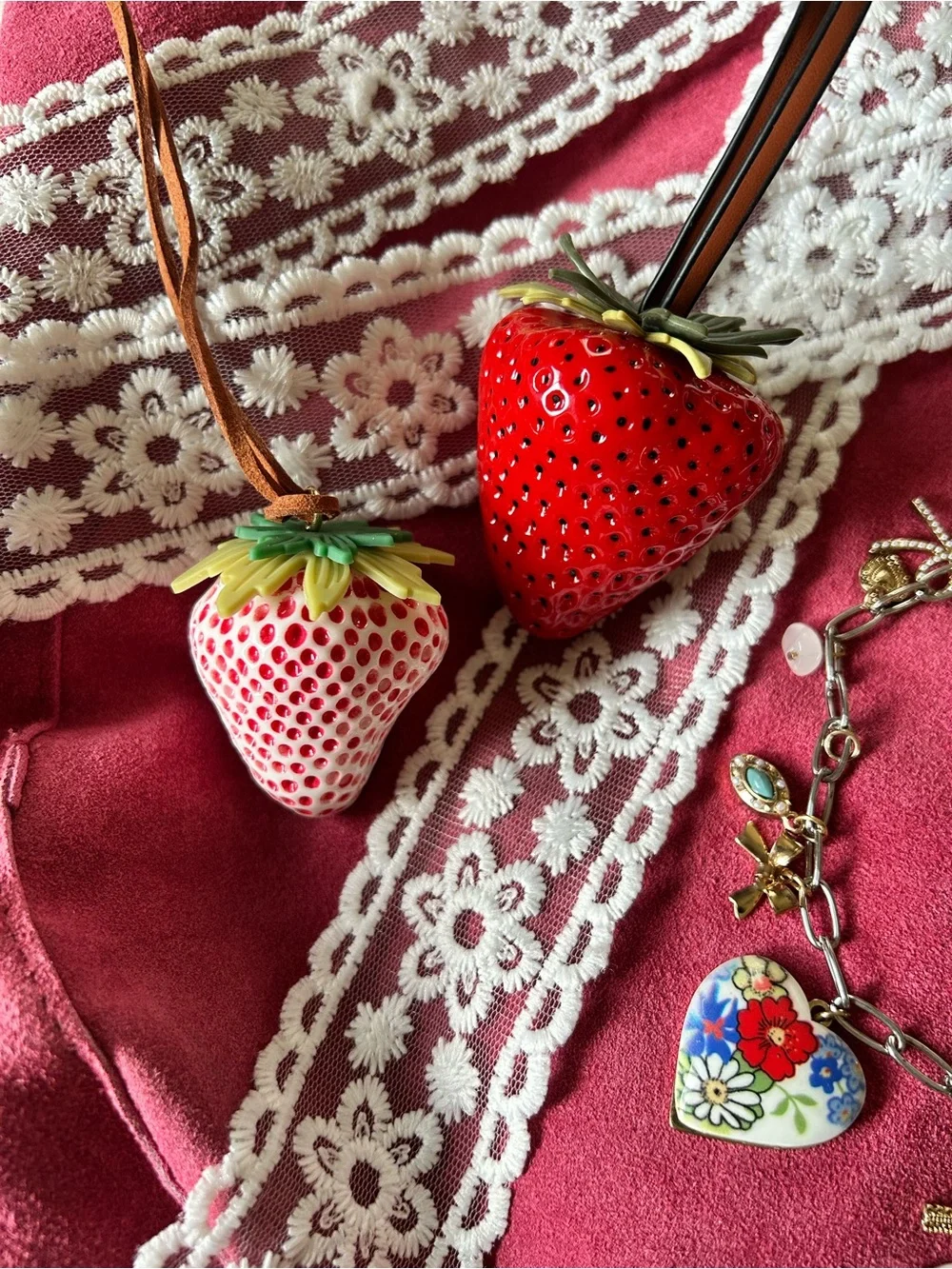 Free People Roma Suede Tote in Raspberry-Maxamillion, Strawberry Charms, & Scarf